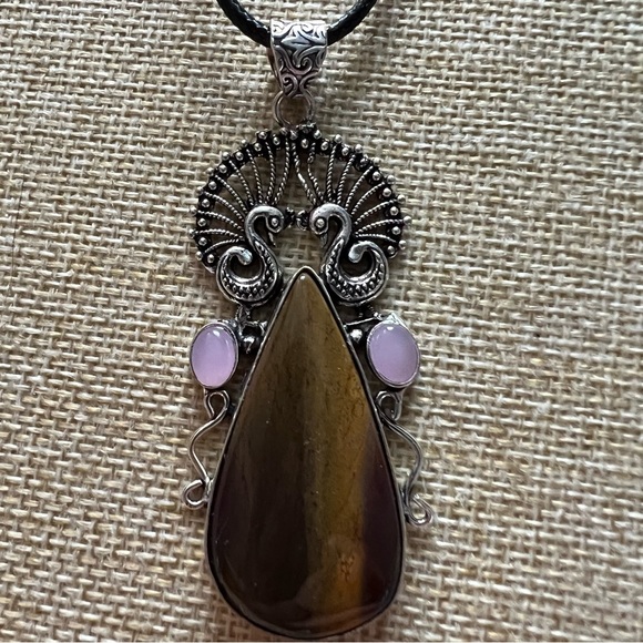 New Unique Tigers Eye Peacock Pink Chalcedony Silver Overlay Pendant Necklace - Picture 1 of 6